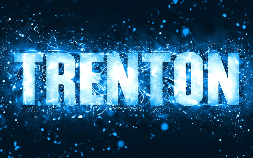 Happy Birtay Trenton, luzes de neon azuis, nome Trenton, criativo, Trenton Happy Birtay, Trenton Birtay, nomes masculinos americanos populares, com nome Trenton, Trenton com resolução 3840x2400. Alto papel de parede HD