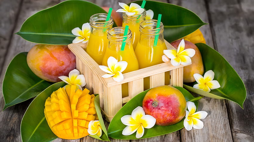 Some plumeria flowers, juice, mango, bottles 3840x2160 U , mango juice HD wallpaper
