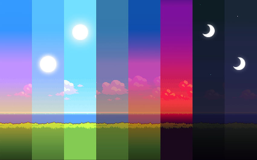 : spectrum, Sun, Moon, collage, digital art, colorful, pixel art 2800x1750, pixel moon HD wallpaper