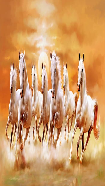 Lucky Seven Galloping White Running Horses Painting  Its Direction