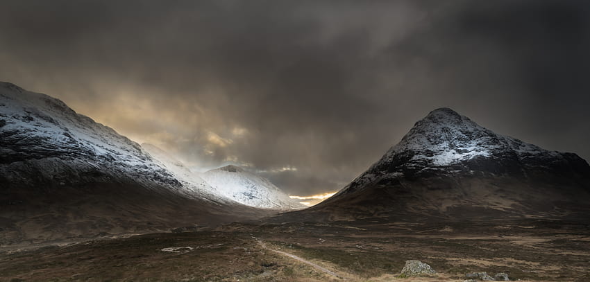 : mountain, snow, winter, atmosphere, moody, glencoe, glenetive, buchailleetivemor, Scotland, landscape, highlands, daarklandsexcellence 5608x2683 HD wallpaper