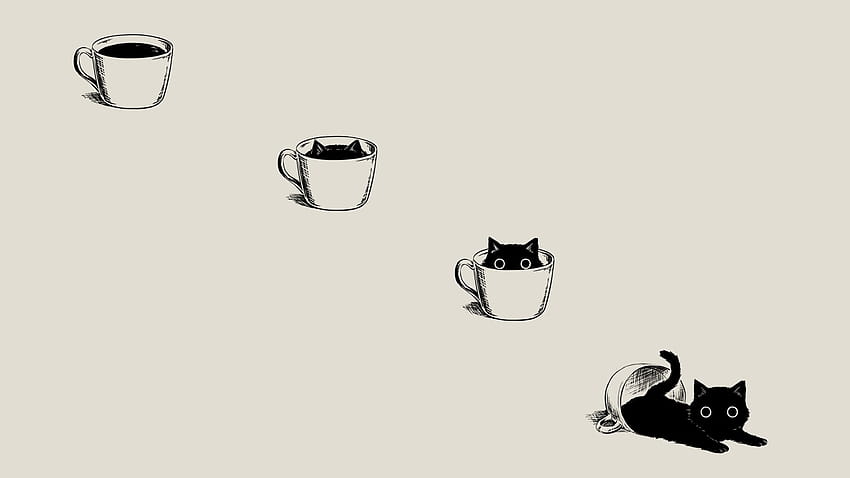 : アニメ、マンガ、ミニマリズム、シンプル背景、コーヒー、黒猫、ベージュ、猫、Cup Coffe 1920x1080、ミニマリスト コーヒー 高画質の壁紙