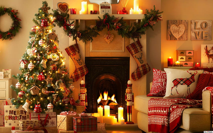 クリスマスの暖かく居心地の良い暖炉、 高画質の壁紙