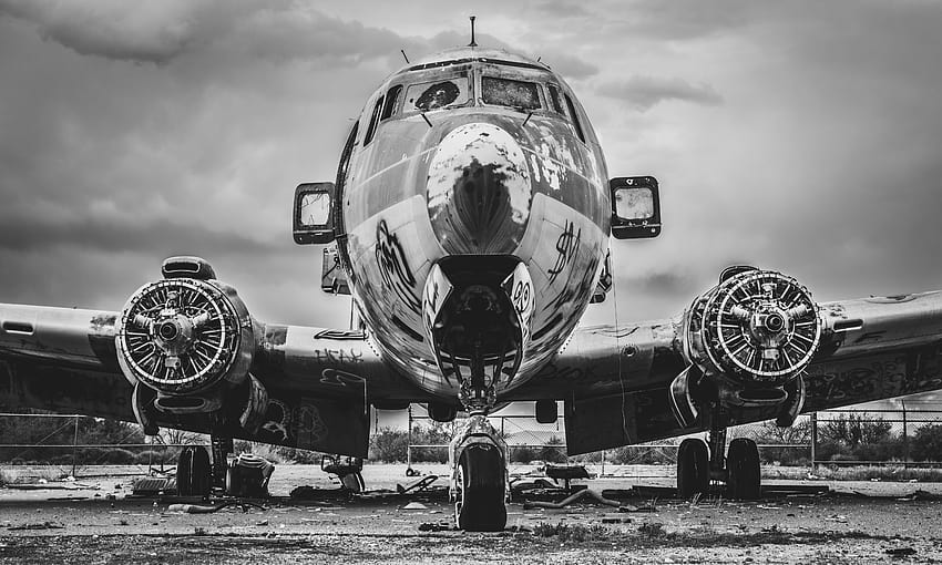 : douglas, dc6, aircraft, old, airplane, plane, planes, airplanes, wreck, gila, river, Indian, native, american, black, white, phoenix, chandler, Arizona, USA, glory, desaturated, airport, airpark, landing, take, off, goodyear, holiday, travel, old planes HD wallpaper