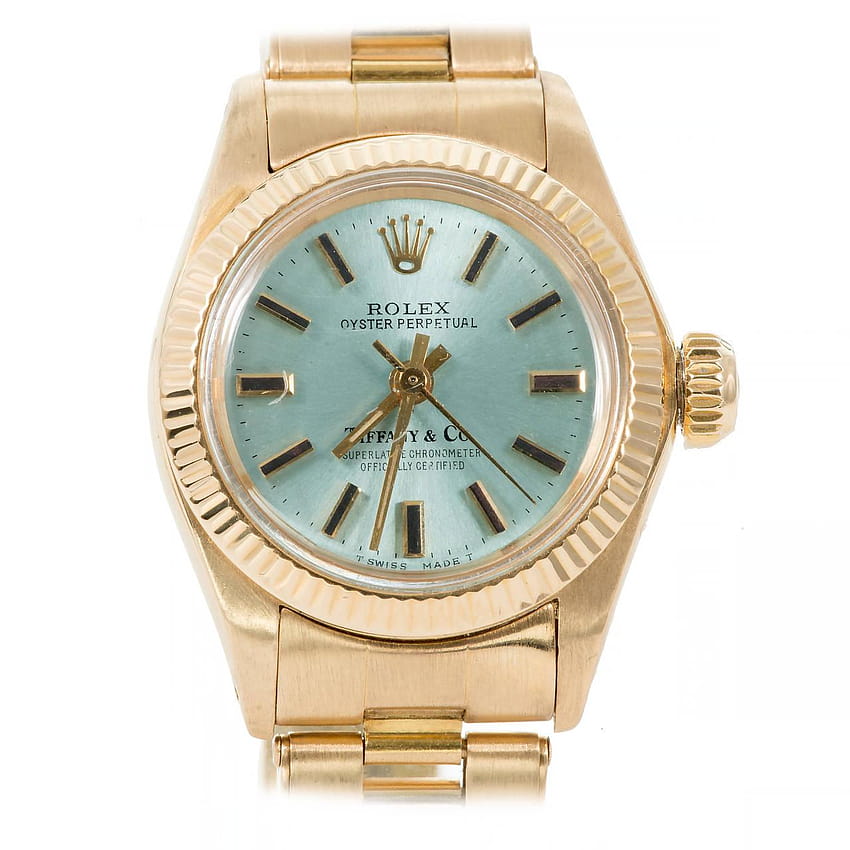 Tiffany and Co. Rolex damski zegarek na rękę z żółtego złota w kolorze lodowoniebieskim, tarcza rolex w kolorze lodowoniebieskim Tapeta na telefon HD