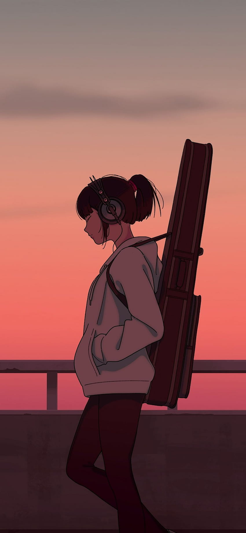 Dziewczyna muzyk, gitara, dziewczyna anime, zachód słońca, sztuka, zachód słońca czarne anime Tapeta na telefon HD