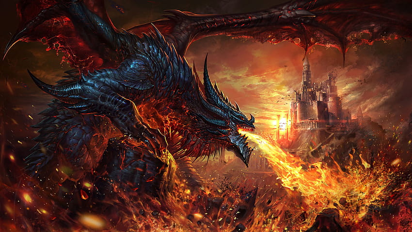 Dragon Fire Breath Fantasy, огнедишащ дракон HD тапет