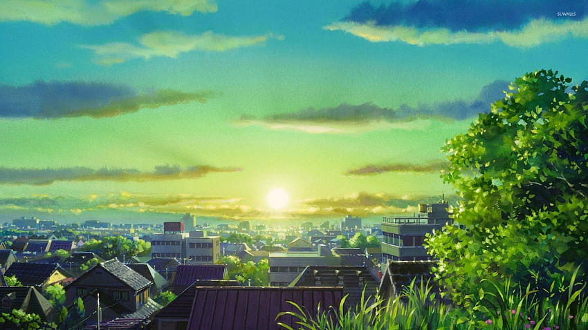Green Anime Scenery, green city anime HD wallpaper