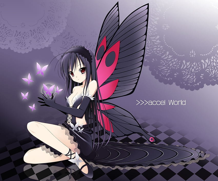 wings dress butterfly cleavage red eyes hime accel world butterfly wings black hair kuro kuroyukihim – HD wallpaper