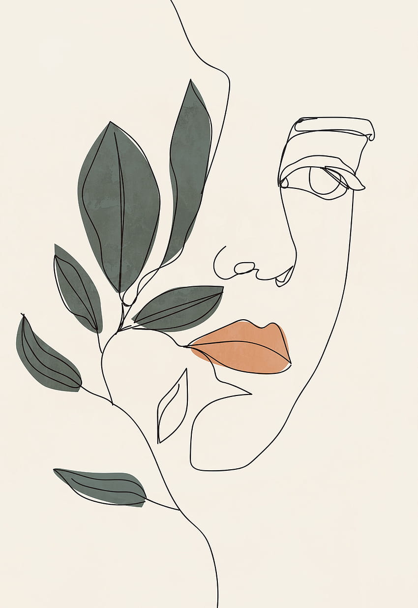Mujer moderna dibujo lineal arte de pared imprimible, dibujos estéticos flores fondo de pantalla del teléfono