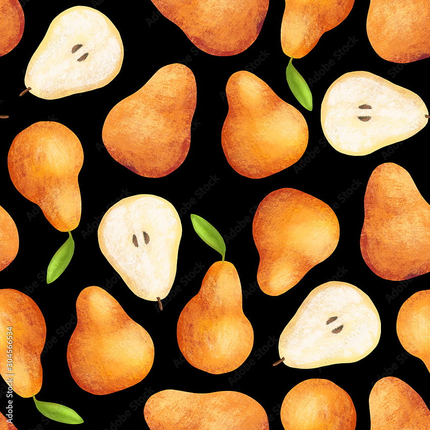 Hand drawn bright fruits seamless pattern. Realistic drawing. Pears whole, leaves and cut on black background. Botanical . Healthy Organic foods. Element for design, wrapping etc. Stock Illustration HD phone wallpaper