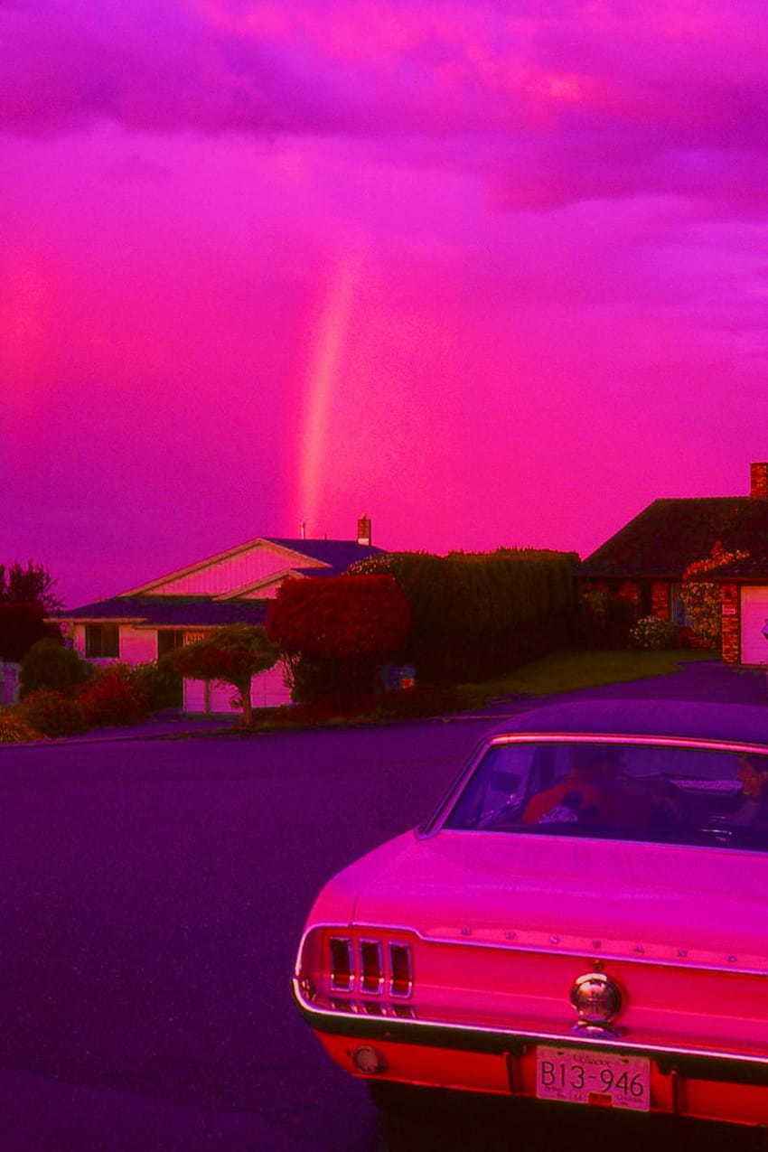 Mustang-Sonnenuntergangästhetik des heißen Rosas retro, kühles rosa retro HD-Handy-Hintergrundbild