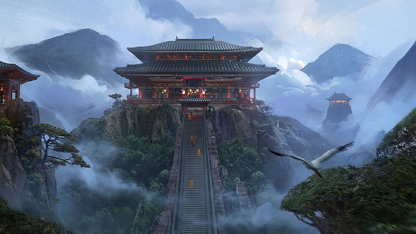 Temple, Fantasy Art, Artwork, Landscape, Japanese • For You For & Mobile, japanese anime temple HD wallpaper