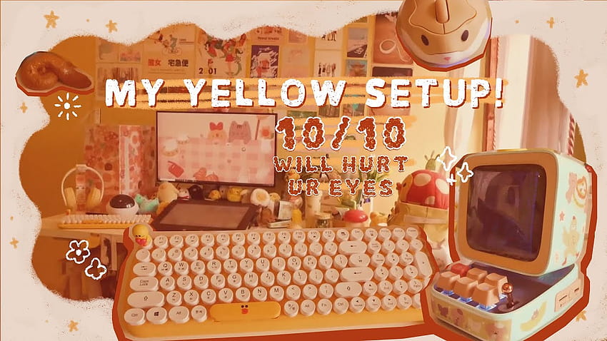 desk setup tour ~yellow aesthetic~ cute kawaii poopy workspace HD wallpaper
