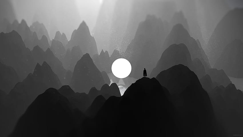 Czarno-biały księżyc Człowiek stojący na górze Grafika, artysta, tła i Tapeta HD