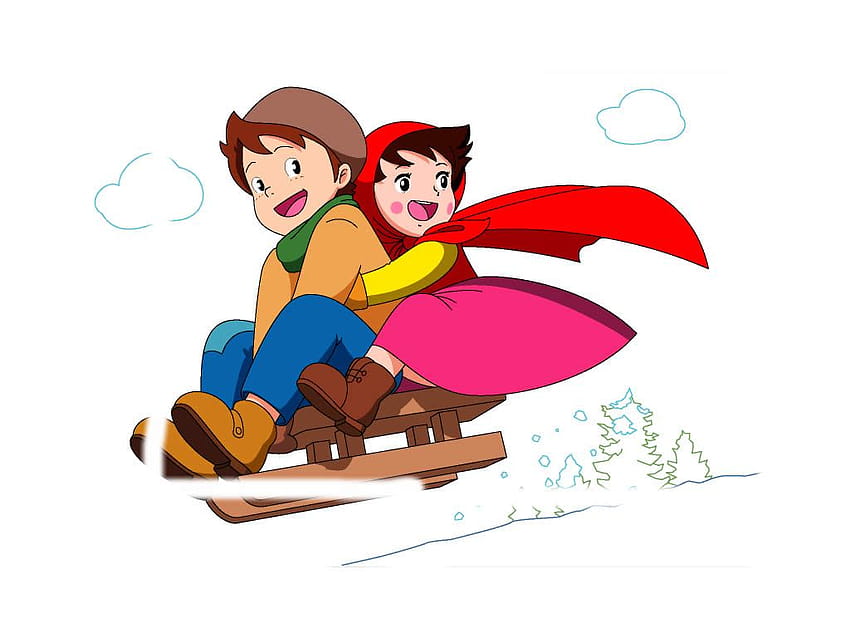  Me recuerda a cierta escena, LOL! El amado personaje popular Heidi y su amigo Peter andando en trineo en los Alpes suizos, dibujos animados de heidi fondo de pantalla