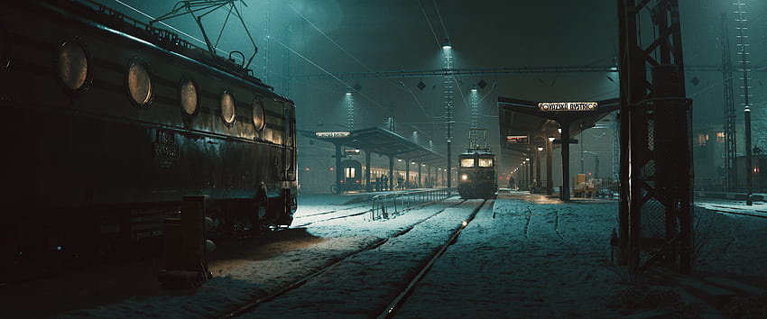 Marcel Haladej Train Winter Cold Frost Ice Snow Artwork Vehicle Dark Train Station, зимна железница нощ HD тапет
