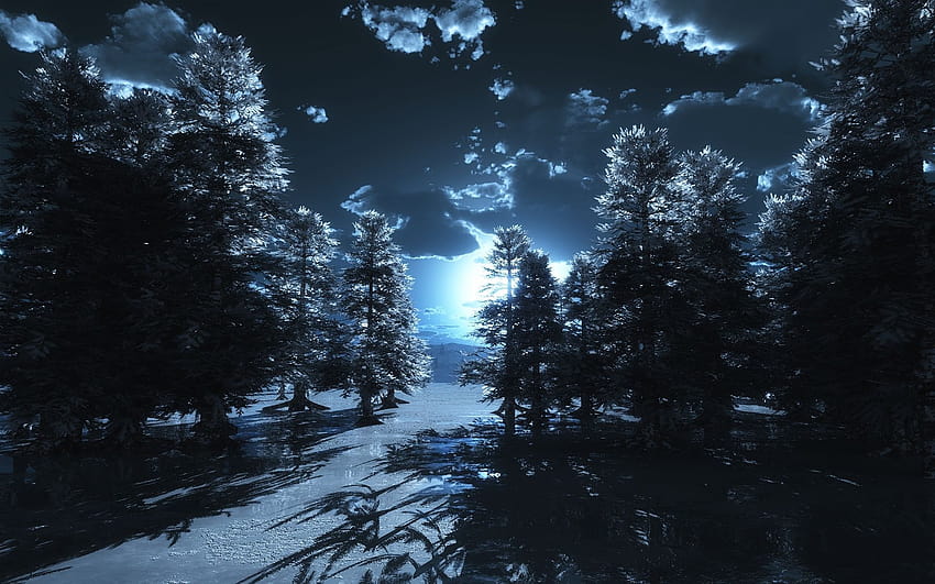 BLUE MOON FOREST, BLUE, CLOUDS, cold, FOREST, MOON, NIGHT, pine, good night forest HD wallpaper