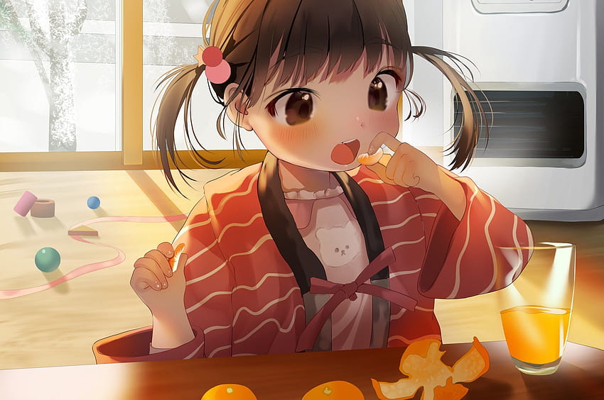 2560x1700 Süßes Anime-Kind, Orangensaft, braunes Haar, Platz für Chromebook-Pixel, süßes Anime-Kind HD-Hintergrundbild