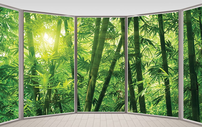 mural ellipse window view bamboo forest HD wallpaper