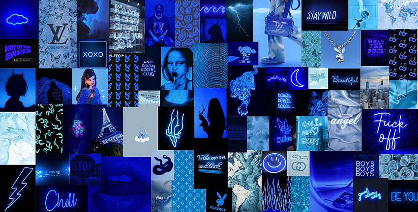 Neon Blu Boujee Estetica Wall Collage Kit Digitale Sfondo HD