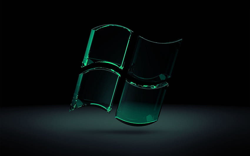 зелено стъклено лого на Microsoft Windows цифрово произведение на изкуството през 2020 г., Windows 7 тъмно черен компютър HD тапет
