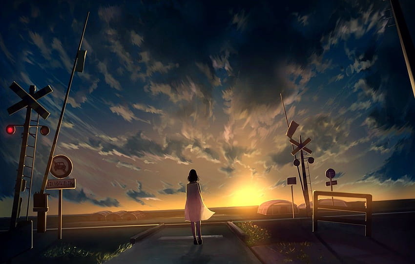 the sky, girl, sunset, signs, greenhouses, railway, railroad crossing HD wallpaper
