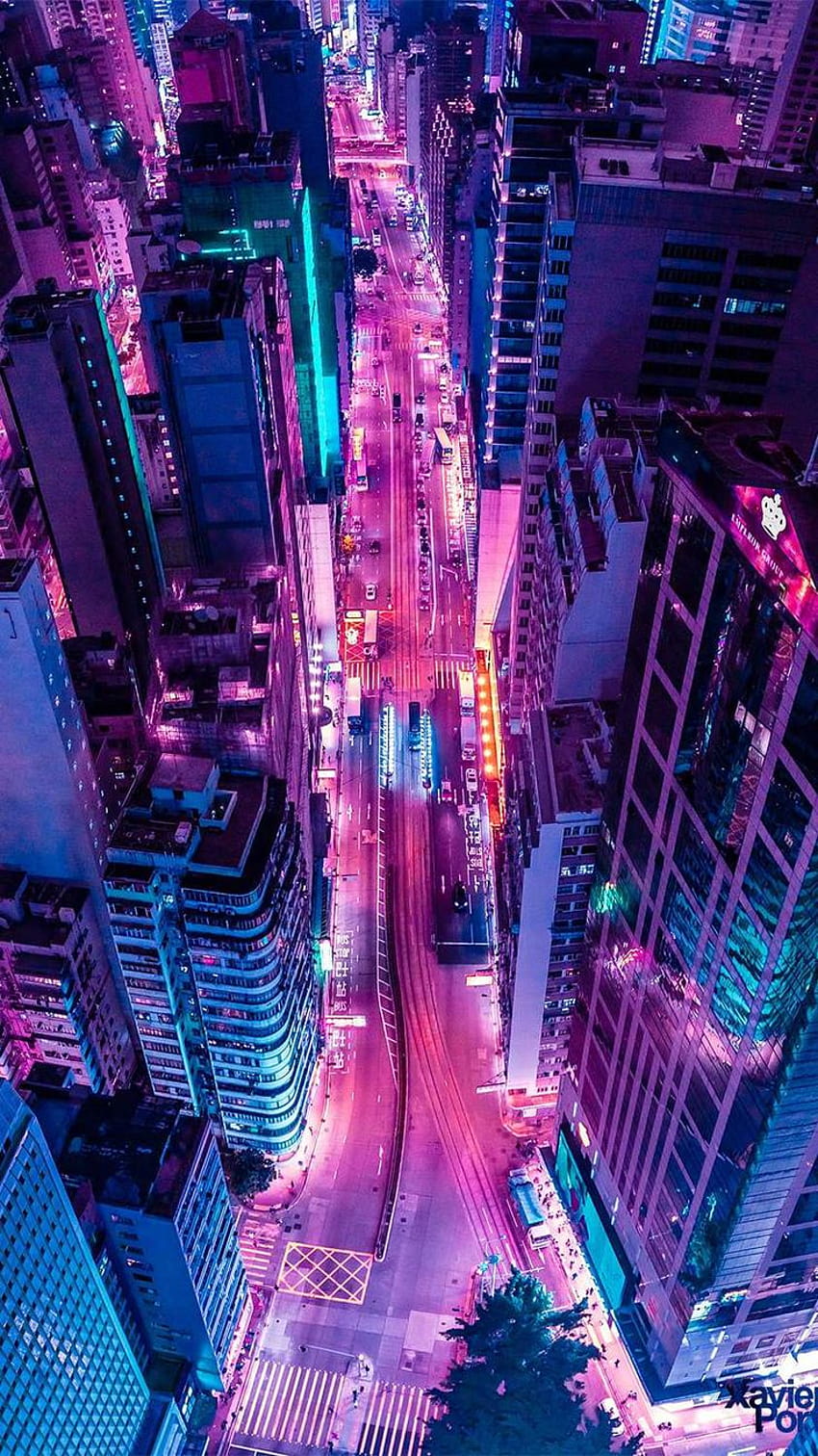 夜に輝く街、青とピンクの街 HD電話の壁紙