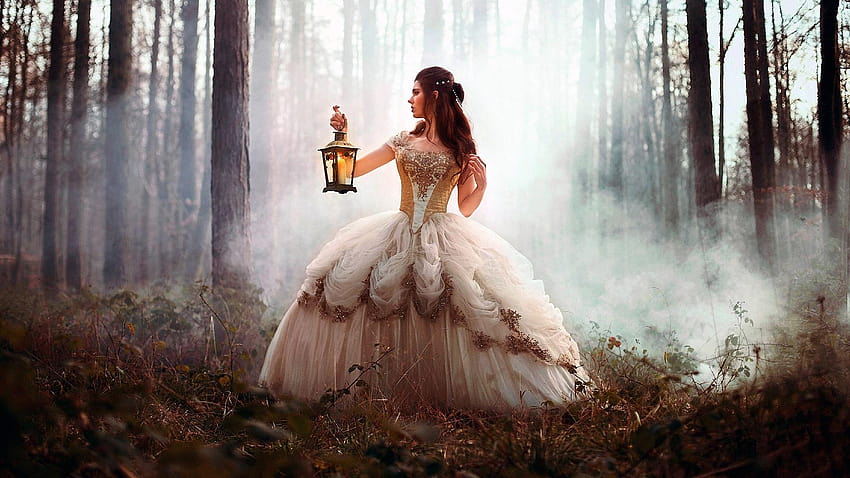 Girl In Vintage Dress At The Forest With Lantern, lantern fantasy HD wallpaper