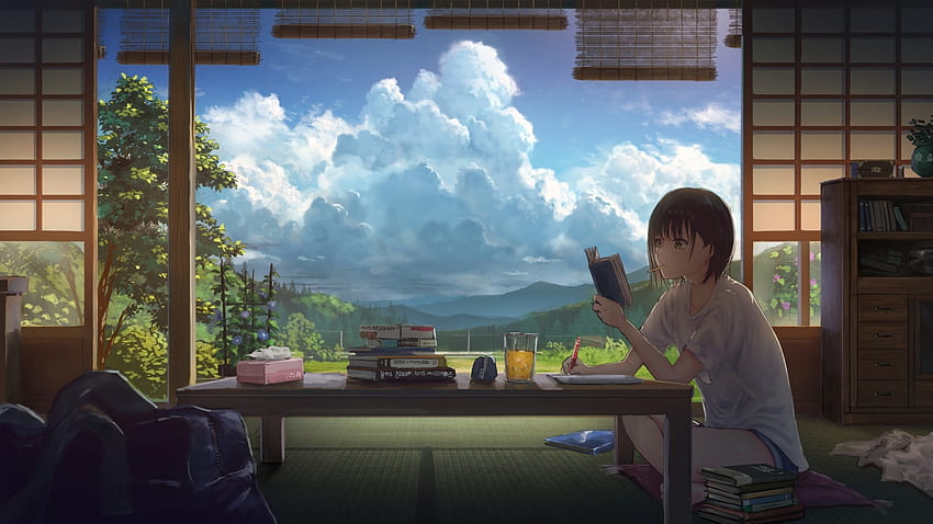 Clouds, Anime Girl, Scenic, Short Hair, Reading, Summer, anime summer 1920x1080 HD wallpaper
