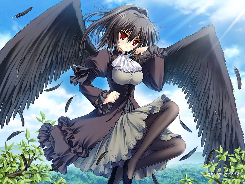 Haute qualité de fille ange aux ailes noires, d'été, soleil, anime girl ailes noires Fond d'écran HD