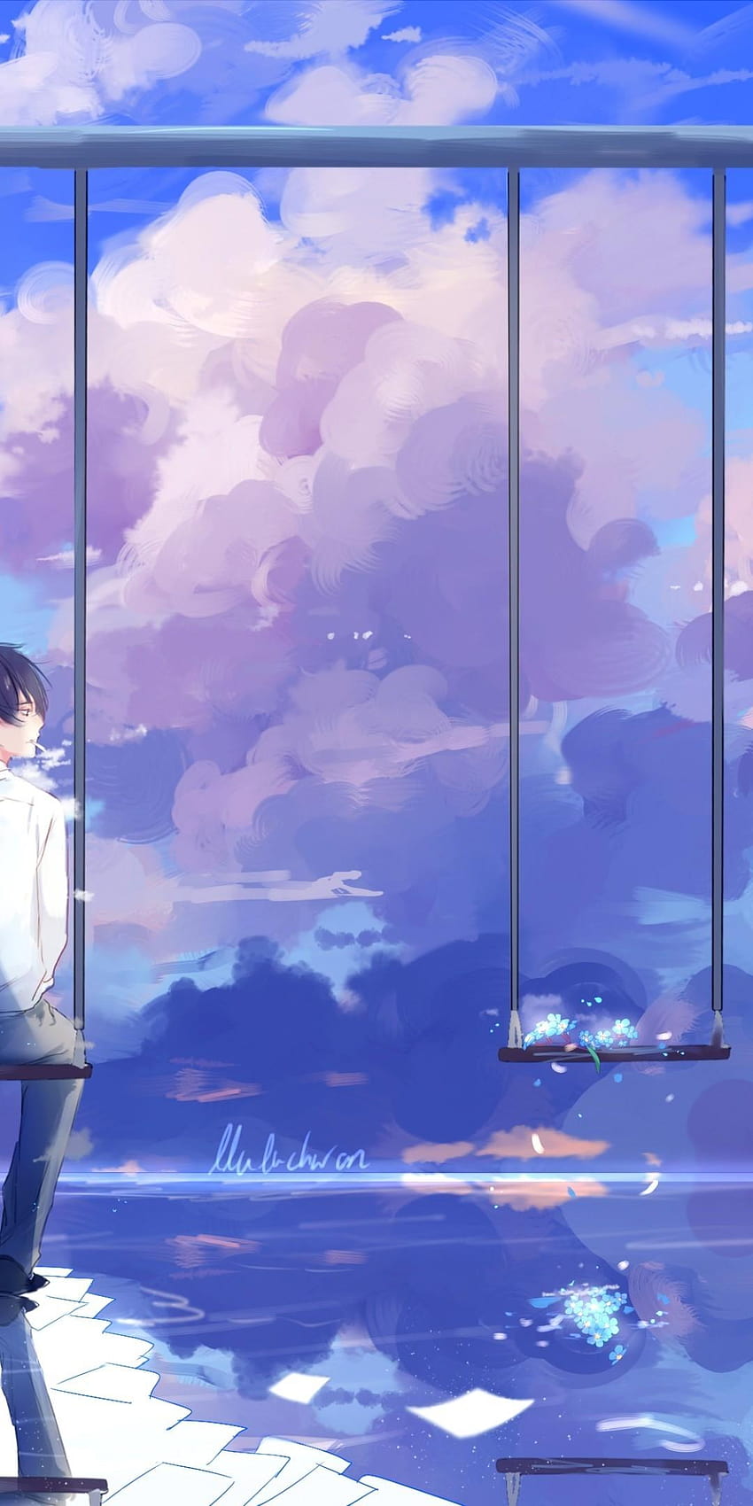 1080x2160 アニメの少年, 風光明媚な, ブランコ, 雲, の背面図, 雲の中のブランコ HD電話の壁紙