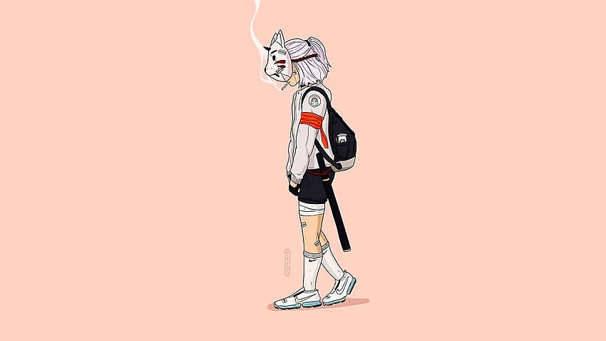 : anime girls, original characters, watermarked, shoes, Nike, White socks, smoking, backpack, mask 2048x1152, cool anime nike HD wallpaper