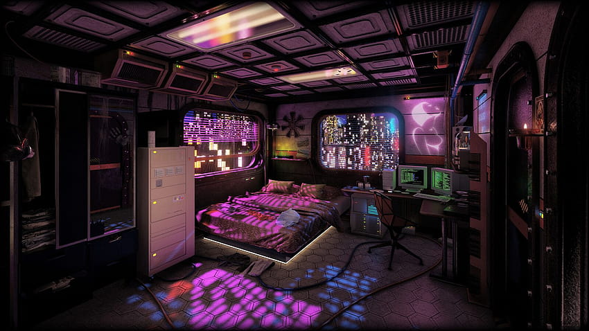 34 Ideen für Cyberpunk-Möbel / -Räume, Cyberpunk-Raum HD-Hintergrundbild