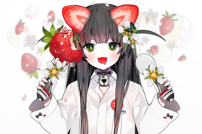 Chromebook Pixel용 2560x1700 귀여운 애니메이션 소녀, 녹색 눈, 딸기, 셔츠, 송곳니, Loli, 애니메이션 딸기 HD 월페이퍼