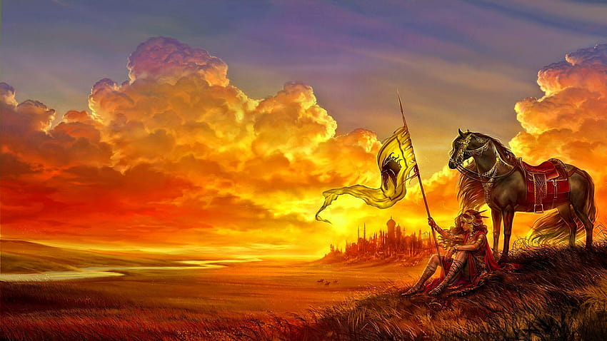 fantasy, warrior, landscape, horse, magic, women, sunset ::, horses at sunset HD wallpaper