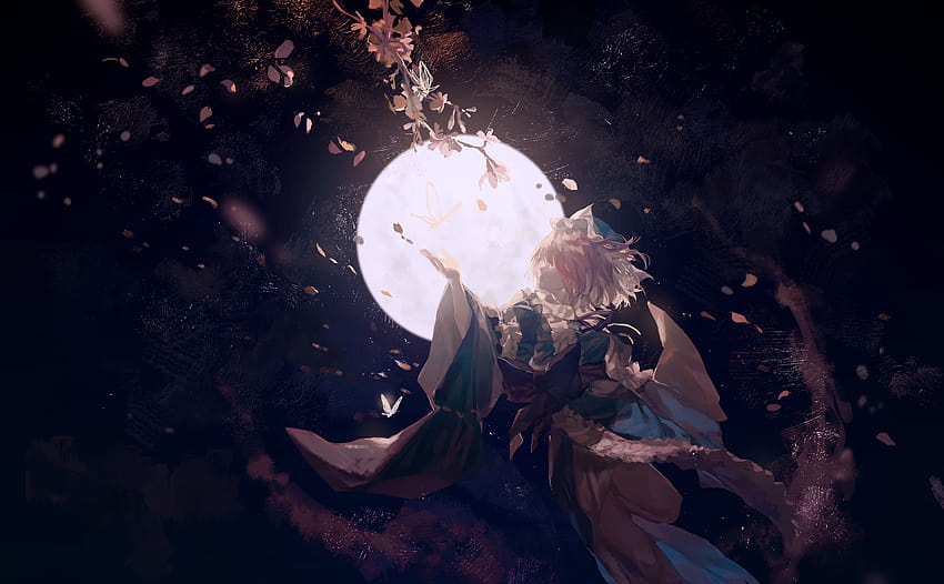: Anime Girls, Touhou, Mond, Blütenblätter, Kimono, Sakura-Baum, Schmetterling, kurze Haare, rosa Haare, dunkle Hintergründe 3142x1944 HD-Hintergrundbild