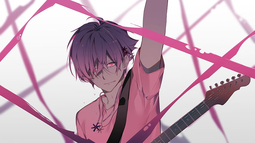 Anime Boy, Guitar, Instrument, Music, Pink Eyes, Shoujo, anime guitars HD wallpaper
