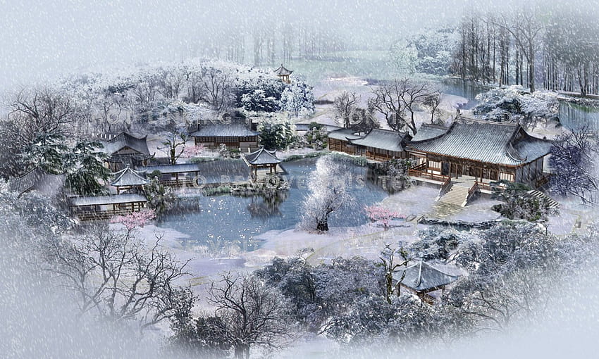 japanese village in winter houses small HD wallpaper
