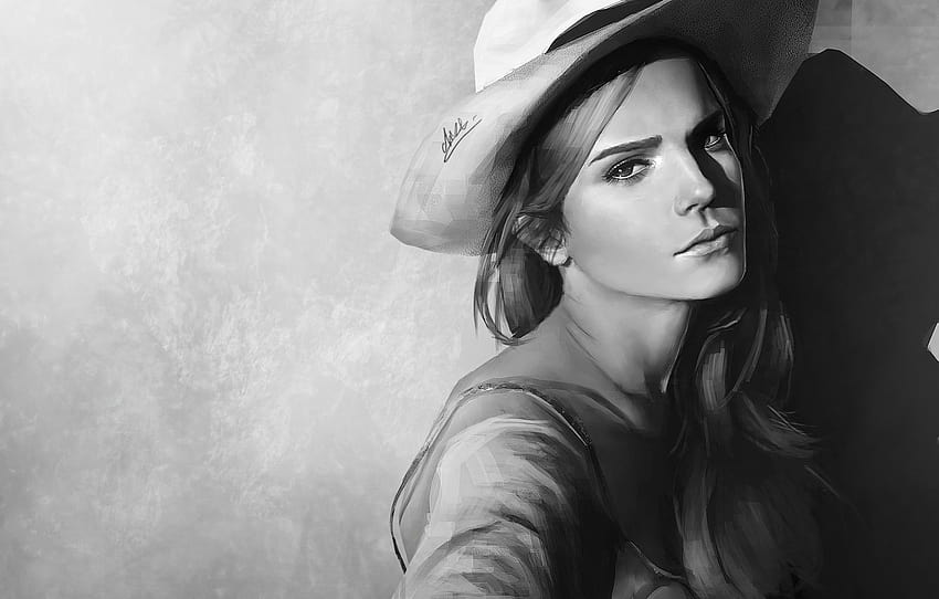 figura, retrato, sombrero, arte, blanco y negro, Emma Watson, Emma Watson, sección живопись, emma watson en blanco y negro fondo de pantalla