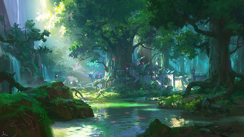 Belo anime pôr-do-sol cenário floresta floresta