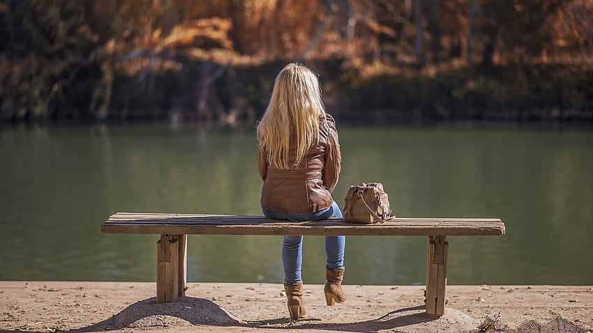 Blonde girl female Jacket Autumn Lake sit Bench 2560x1440, girl and bench HD wallpaper