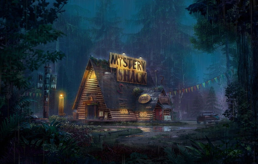 hutan, rumah, hujan, mobil, Mystery Shack , bagian рендеринг Wallpaper HD
