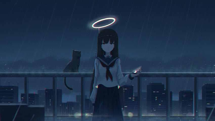 2560x1440 Girl in the Rain with Cat 1440P Resolution , Anime , and Backgrounds, girl and cat HD wallpaper