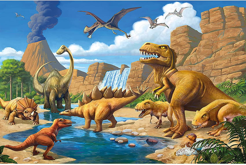 Kamar Anak-Anak Besar – Petualangan Dinosaurus – Dekorasi Dino World Comic Style Volcano Waterfall Decor Wall Mural Wallpaper HD