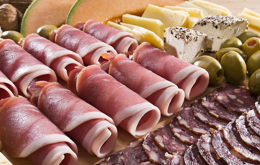 cheese, meat, nuts, olives, rolls, sausage , section еда, cold cuts HD wallpaper