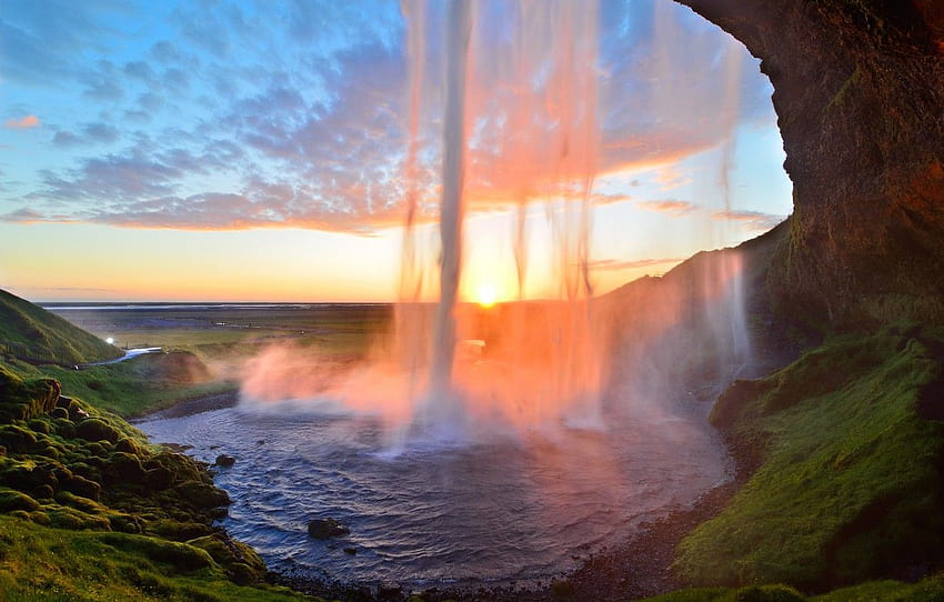 Sonnenuntergang, Wasserfall, Bach, Island, Island, Seljalandsfoss, Seljalandsfoss, Abschnitt природа, Seljalandsfoss Wasserfall Island HD-Hintergrundbild