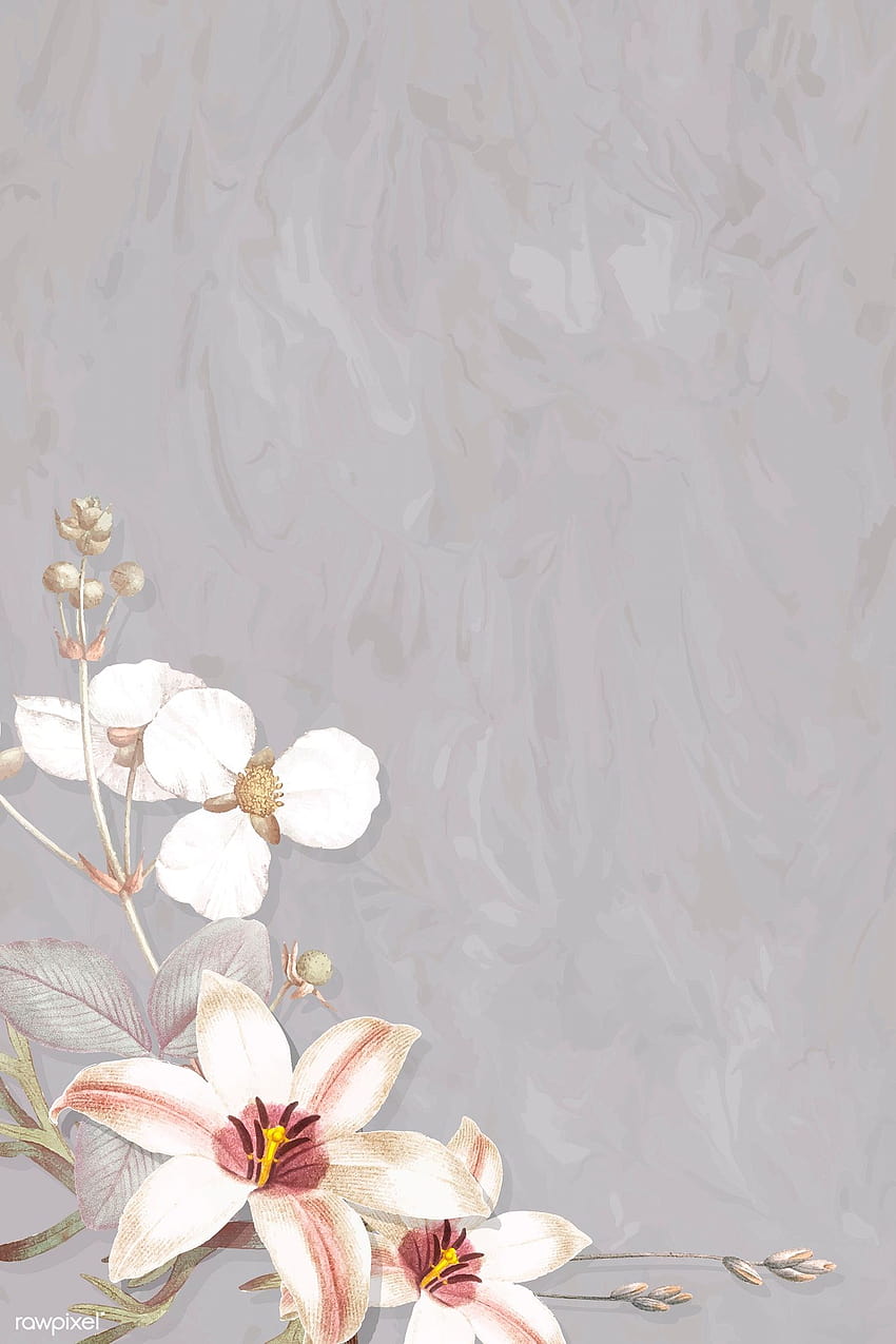 Stierzungenpfeilspitzenblumen und Lilienmuster auf einem grauen Marmorhintergrundvektor HD-Handy-Hintergrundbild