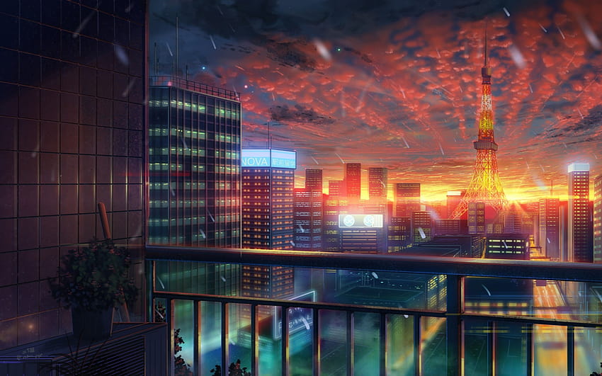 2880x1800 Anime City, Tokyo Tower, Zachód słońca, Budynki, miasto anime zachód słońca Tapeta HD