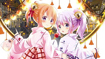 pale, Chiyingzai, looking at viewer, waving, anime, anime girls, Gochuumon  wa Usagi Desu ka?, Kafuu Chino, fan art, Natsu Megumi , Jouga Maya,  Japanese, watermarked, petals